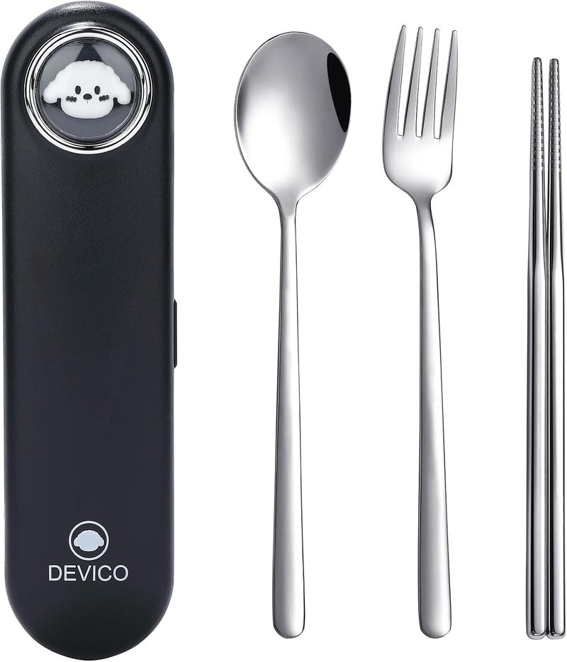DEVICO Travel Utensils with Case Cute, Reusable Silverware for Lunch, Portable Cutlery Set, 18/8 Stainless Steel Fork Spoon Chopsticks in Cartoon Case, Dishwasher Safe (Black) - Image 1